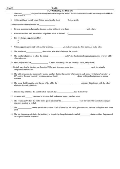hunting the elements worksheet answers